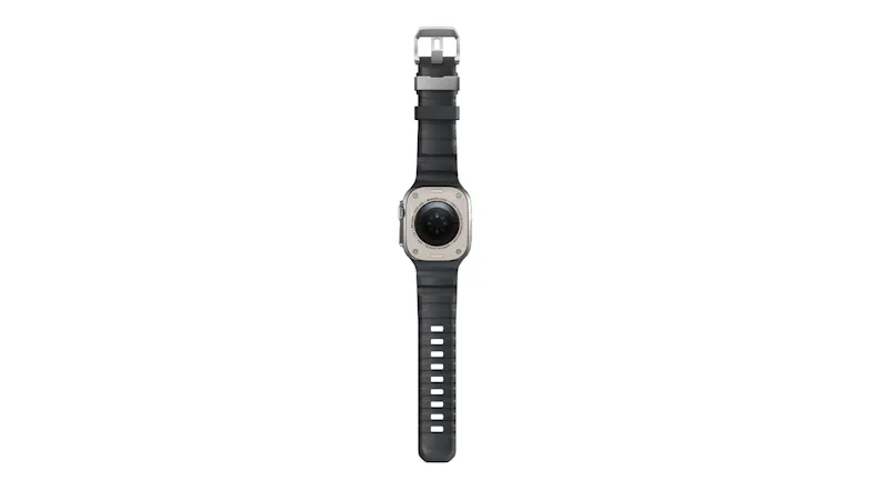Full vertical back view of Apple Watch Ultra laid flat, showing heart rate optical sensors and black rubber watch band Full vertical back view of Apple Watch Ultra laid flat, showing heart rate optical sensors and black rubber watch band