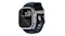 An Apple Watch Ultra with atlantic blue-coloured ribbed strap, topographic map screen display, orange accents, and metal hardware An Apple Watch Ultra with atlantic blue-coloured ribbed strap, topographic map screen display, orange accents, and metal hardware