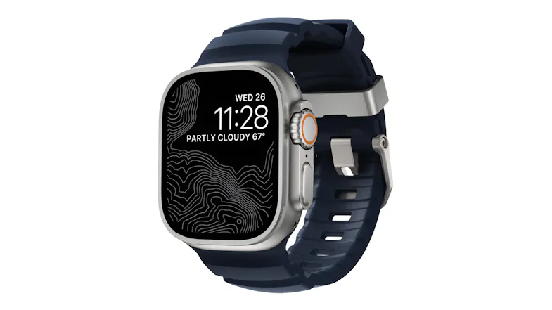 An Apple Watch Ultra with atlantic blue-coloured ribbed strap, topographic map screen display, orange accents, and metal hardware An Apple Watch Ultra with atlantic blue-coloured ribbed strap, topographic map screen display, orange accents, and metal hardware