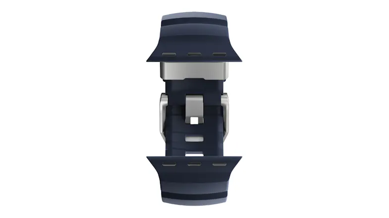 Close-up view of a rubber watch strap with titanium buckle hardware and watch attachment lugs on top and bottom Close-up view of a rubber watch strap with titanium buckle hardware and watch attachment lugs on top and bottom