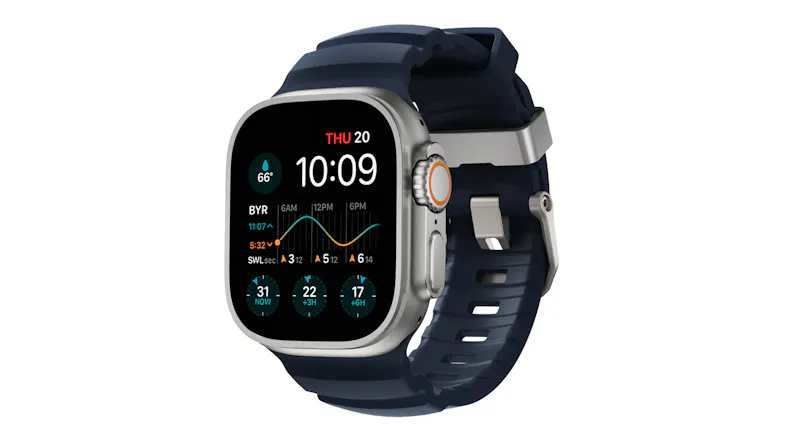 An Apple smartwatch with black sports strap displaying digital clock 10:09 with health metrics and tide widget An Apple smartwatch with black sports strap displaying digital clock 10:09 with health metrics and tide widget