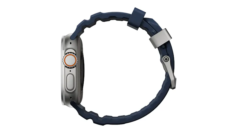 Side profile of titanium Apple Watch Ultra displaying side buttons, action button, and black ribbed flexible watch band Side profile of titanium Apple Watch Ultra displaying side buttons, action button, and black ribbed flexible watch band
