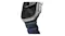 Close-up angle of Apple Watch Ultra titanium case lug attached to a ribbed rubber strap with topographic display Close-up angle of Apple Watch Ultra titanium case lug attached to a ribbed rubber strap with topographic display