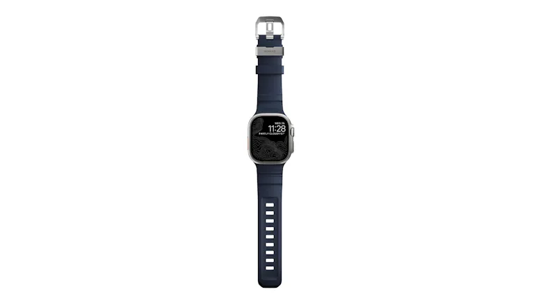 A front view of Apple Watch Ultra flat with black strap, topographic map face, top buckle, and adjustment holes A front view of Apple Watch Ultra flat with black strap, topographic map face, top buckle, and adjustment holes