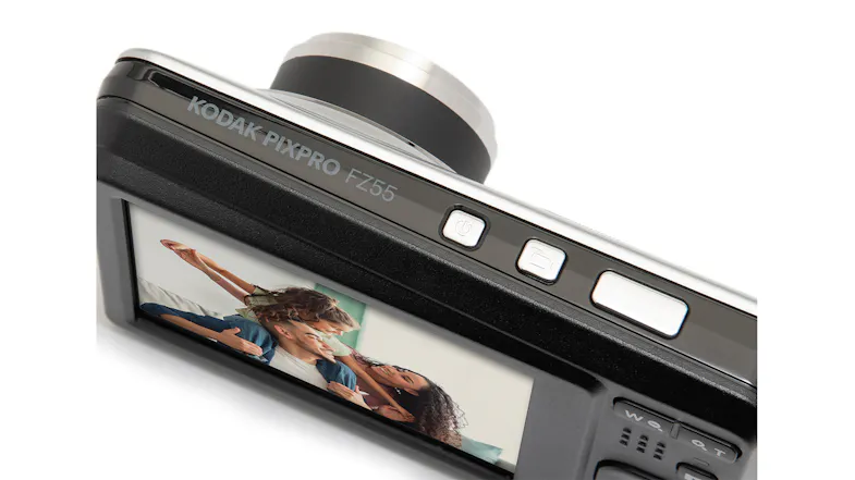 Angled rear view of the Pixpro FZ55 showing display and top controls Angled rear view of the Pixpro FZ55 showing display and top controls