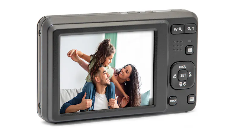 Camera rear display showing a family posing for a photo Camera rear display showing a family posing for a photo