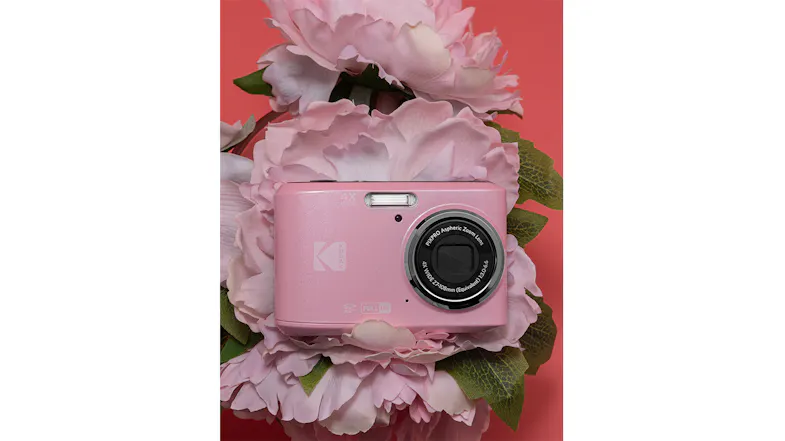 A Kodak camera resting on soft pink flowers against a red background A Kodak camera resting on soft pink flowers against a red background