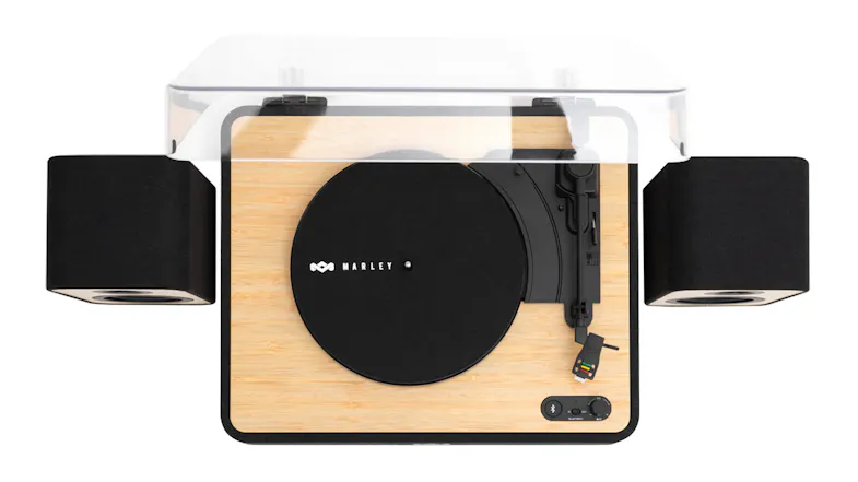 Top-down view showcasing the turntable and speaker layout Top-down view showcasing the turntable and speaker layout