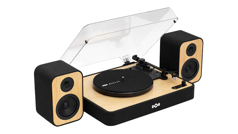 Angled perspective showing the turntable with open dust cover Angled perspective showing the turntable with open dust cover