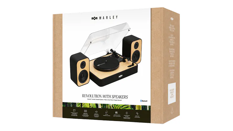 Retail box of the Marley turntable with speakers Retail box of the Marley turntable with speakers