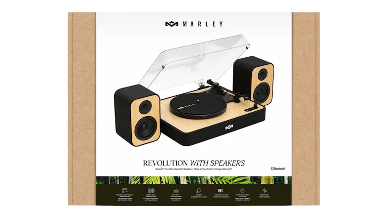 Product packaging box showing the turntable system graphics Product packaging box showing the turntable system graphics