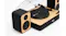 Side angle view highlighting the wood-grain speaker design Side angle view highlighting the wood-grain speaker design