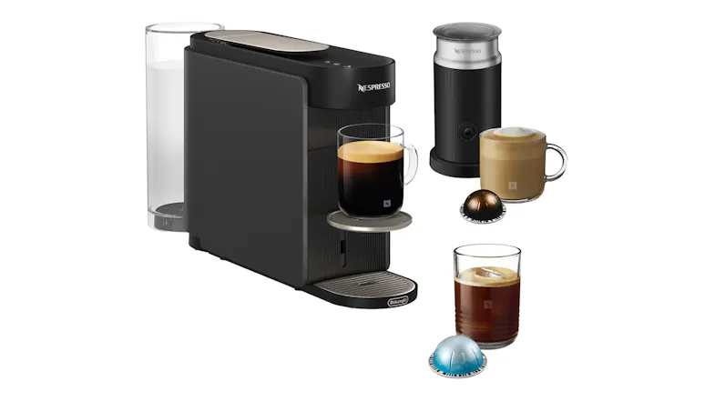 Nespresso coffee maker with frother showcasing espresso, latte, and iced drinks Nespresso coffee maker with frother showcasing espresso, latte, and iced drinks