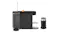 Side view of the coffee maker with capsule and frother showcasing brewing setup Side view of the coffee maker with capsule and frother showcasing brewing setup