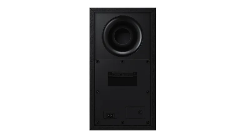 Rear view of the Samsung wireless subwoofer, showing the bass driver and back panel details Rear view of the Samsung wireless subwoofer, showing the bass driver and back panel details