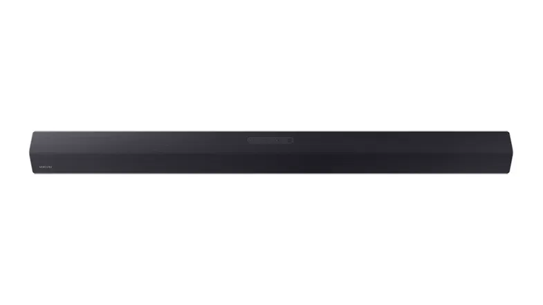Close-up front view of the Samsung soundbar, highlighting the clean black finish and streamlined appearance Close-up front view of the Samsung soundbar, highlighting the clean black finish and streamlined appearance