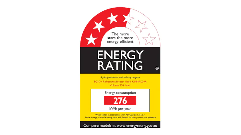 Energy rating label featuring star ratings and energy consumption data Energy rating label featuring star ratings and energy consumption data