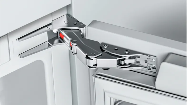Close-up view of the Bosch freezer hinge mechanism Close-up view of the Bosch freezer hinge mechanism