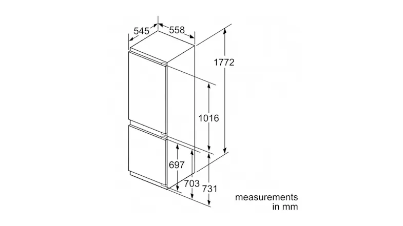 Technical drawing of the refrigerator outlining the cabinet installation dimensions Technical drawing of the refrigerator outlining the cabinet installation dimensions