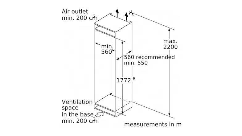 Ventilation and space diagram showing air outlet specifications Ventilation and space diagram showing air outlet specifications