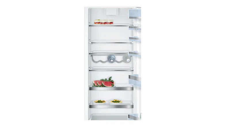 Front view showing the open refrigerator with interior shelves Front view showing the open refrigerator with interior shelves