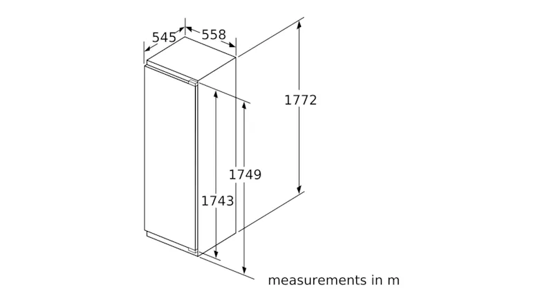 Technical drawing of the fridge outlining the cabinet installation dimensions Technical drawing of the fridge outlining the cabinet installation dimensions