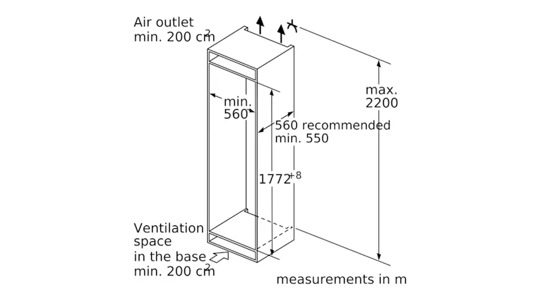Ventilation and space diagram showing air outlet specifications Ventilation and space diagram showing air outlet specifications