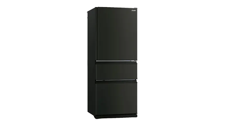 Mitsubishi Electric Matte Black fridge freezer, angled front view showing multi-drawer design Mitsubishi Electric Matte Black fridge freezer, angled front view showing multi-drawer design