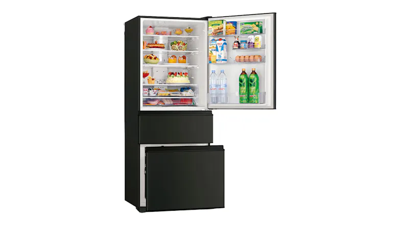 Mitsubishi Electric 450L fridge freezer in matte black, featuring an open fridge compartment Mitsubishi Electric 450L fridge freezer in matte black, featuring an open fridge compartment