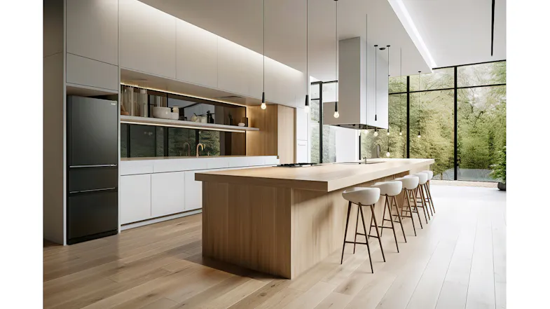 Mitsubishi Electric fridge freezer installed in a bright modern kitchen Mitsubishi Electric fridge freezer installed in a bright modern kitchen