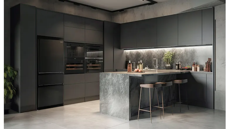 Mitsubishi Electric fridge freezer featured in a contemporary dark-toned luxury kitchen Mitsubishi Electric fridge freezer featured in a contemporary dark-toned luxury kitchen