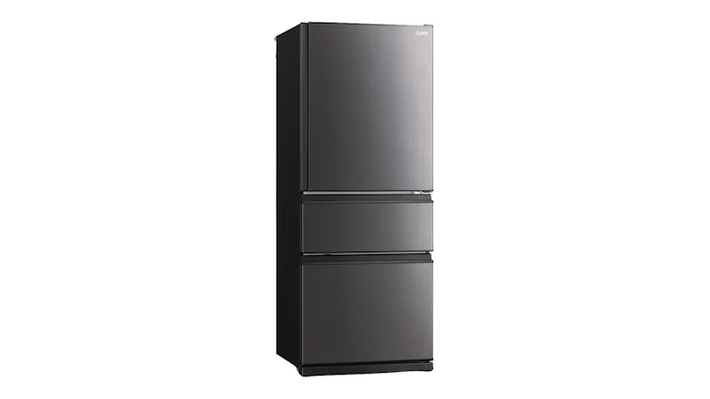 Mitsubishi Electric Dark Silver fridge freezer, angled front view showing multi-drawer design Mitsubishi Electric Dark Silver fridge freezer, angled front view showing multi-drawer design