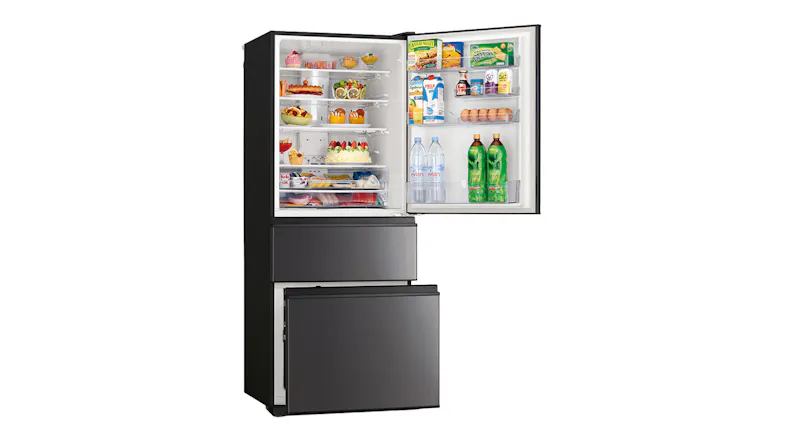 Mitsubishi Electric 450L fridge freezer in dark silver, featuring an open fridge compartment Mitsubishi Electric 450L fridge freezer in dark silver, featuring an open fridge compartment