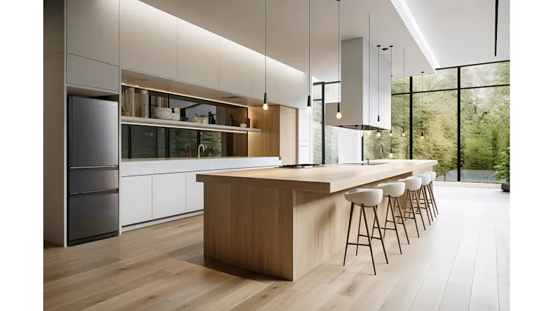 Mitsubishi Electric fridge freezer installed in a bright modern kitchen Mitsubishi Electric fridge freezer installed in a bright modern kitchen