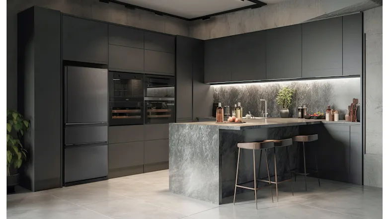 Mitsubishi Electric fridge freezer featured in a contemporary dark-toned luxury kitchen Mitsubishi Electric fridge freezer featured in a contemporary dark-toned luxury kitchen