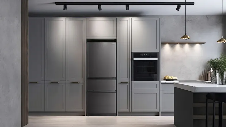 Mitsubishi fridge freezer integrated into stylish grey cabinetry kitchen design Mitsubishi fridge freezer integrated into stylish grey cabinetry kitchen design