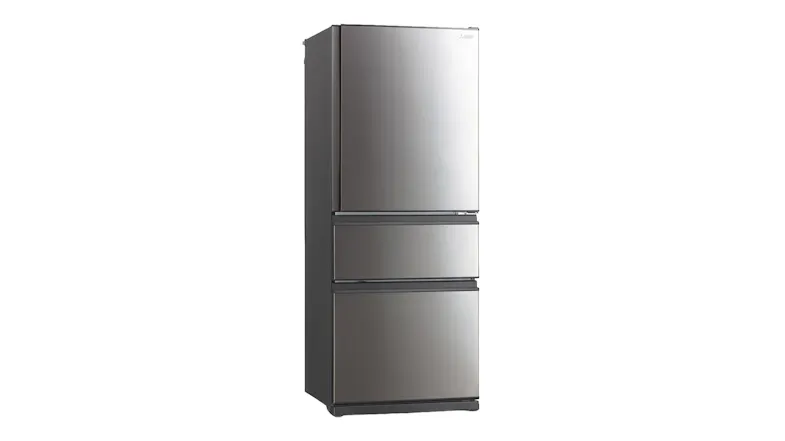 Mitsubishi Electric Silver fridge freezer, angled front view showing multi-drawer design Mitsubishi Electric Silver fridge freezer, angled front view showing multi-drawer design