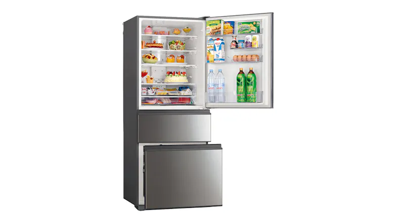 Mitsubishi Electric 450L fridge freezer in silver, featuring an open fridge compartment Mitsubishi Electric 450L fridge freezer in silver, featuring an open fridge compartment
