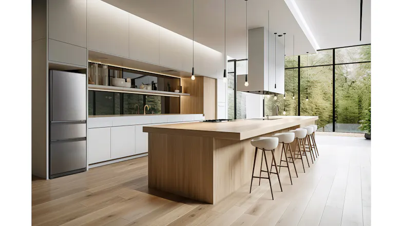 Mitsubishi Electric fridge freezer installed in a bright modern kitchen Mitsubishi Electric fridge freezer installed in a bright modern kitchen