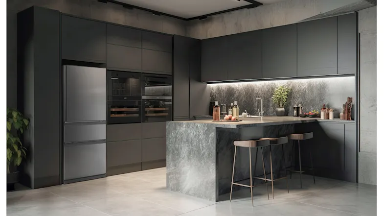 Mitsubishi Electric fridge freezer featured in a contemporary dark-toned luxury kitchen Mitsubishi Electric fridge freezer featured in a contemporary dark-toned luxury kitchen