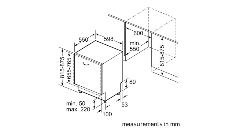 Technical drawing of the dishwasher outlining the cabinet installation dimensions Technical drawing of the dishwasher outlining the cabinet installation dimensions
