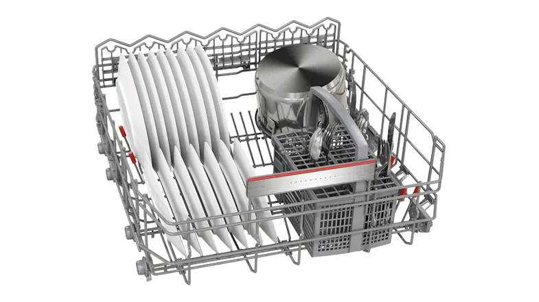 Wire rack view showing dishes arranged in the dishwasher basket Wire rack view showing dishes arranged in the dishwasher basket