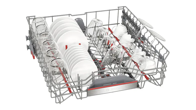 Angled wire rack view highlighting dish loading capacity Angled wire rack view highlighting dish loading capacity