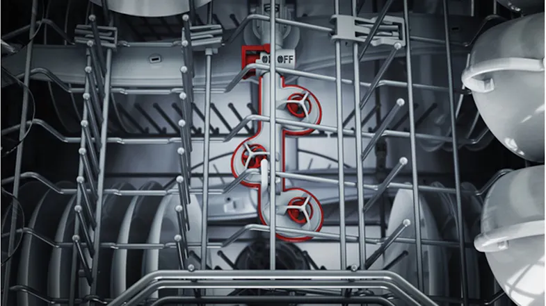 Interior view of the dishwasher highlighting the spray arms Interior view of the dishwasher highlighting the spray arms