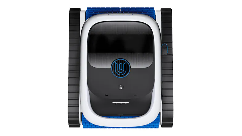 Top-down view featuring a blue and white robotic pool cleaner Top-down view featuring a blue and white robotic pool cleaner
