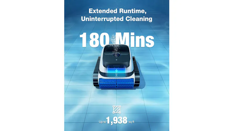 Graphic of the robotic pool cleaner showcasing 180mins run time Graphic of the robotic pool cleaner showcasing 180mins run time