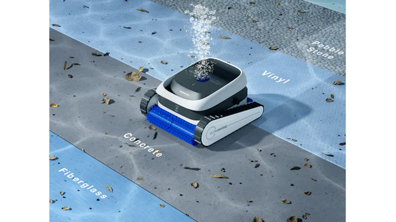 Overhead view highlighting a pool cleaner moving along a pool floor Overhead view highlighting a pool cleaner moving along a pool floor