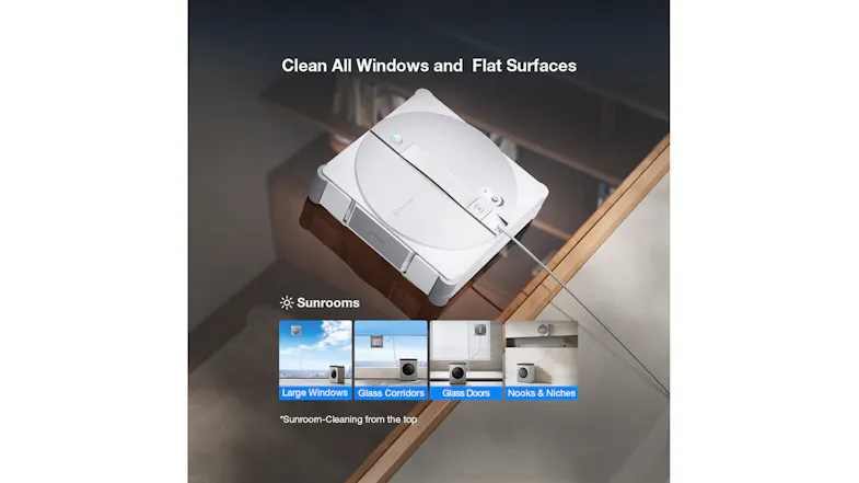 Lifestyle display highlighting a window cleaning unit and base station setup Lifestyle display highlighting a window cleaning unit and base station setup