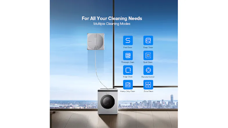 Graphic of the Ecovacs window cleaner highlighting multiple cleaning modes Graphic of the Ecovacs window cleaner highlighting multiple cleaning modes