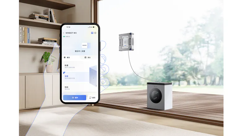 Indoor scene showcasing a smartphone app interface controlling a window robot Indoor scene showcasing a smartphone app interface controlling a window robot